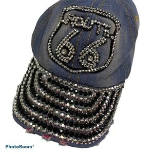 Nollia‎ Cotton Cap Hat Denim Embellished Cap Route 66 Sequins